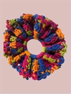 Hand Crafted Multicolor Crochet Ruffled Hair Scrunchie - Pink Blue Orange Green